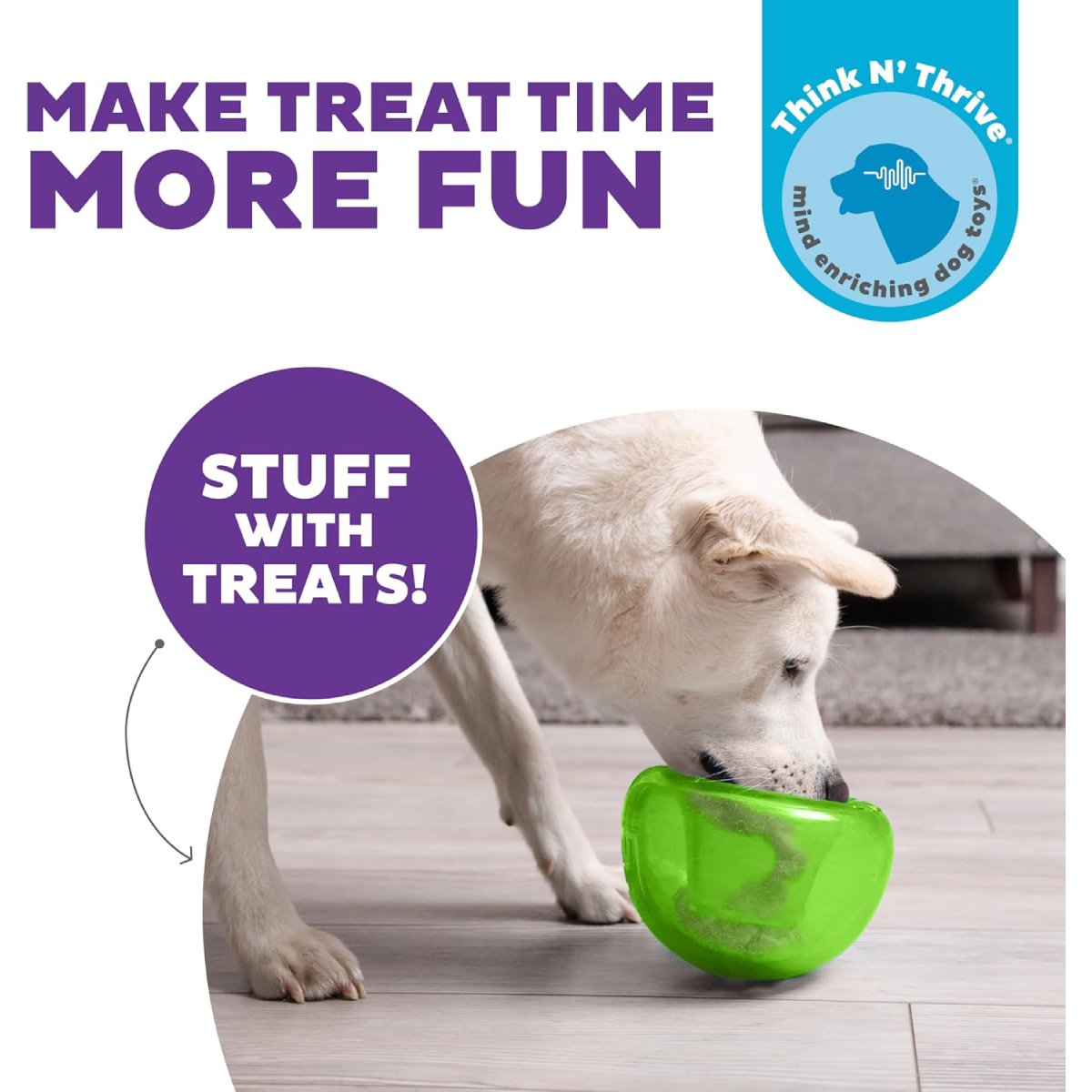 Dog using green Petstages Planet Dog Snoop treat toy that makes treat time more fun and mentally engaging