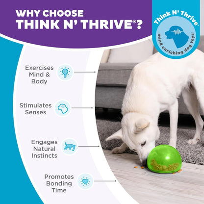 Petstages Planet Dog Snoop green enrichment toy showing mind and body benefits for supervised treat play