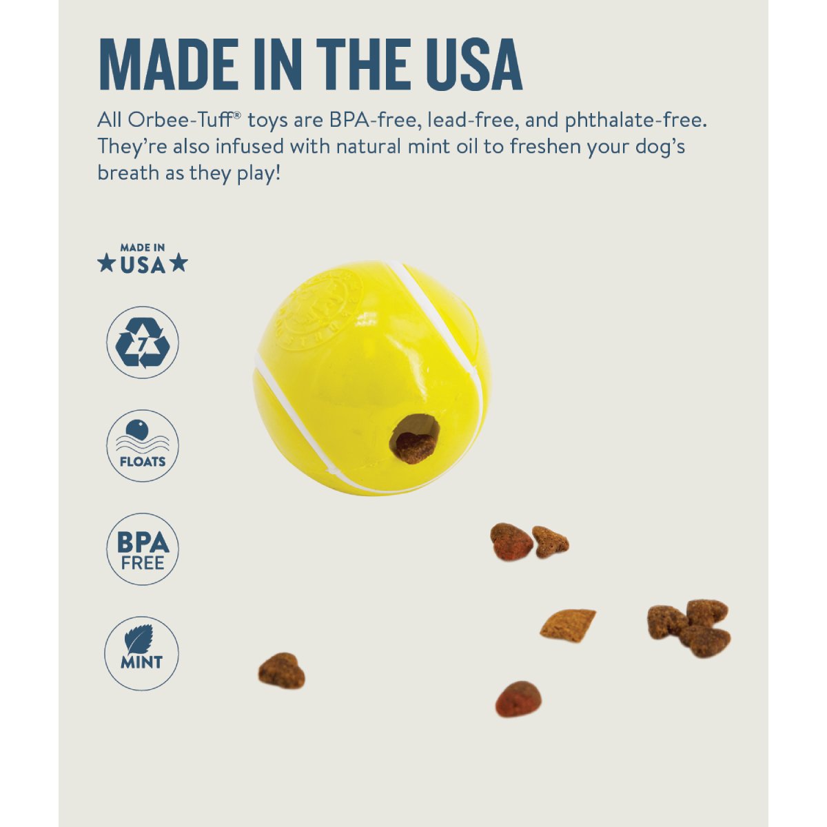 Petstages Planet Dog tennis ball showing BPA free mint scented floating treat toy features