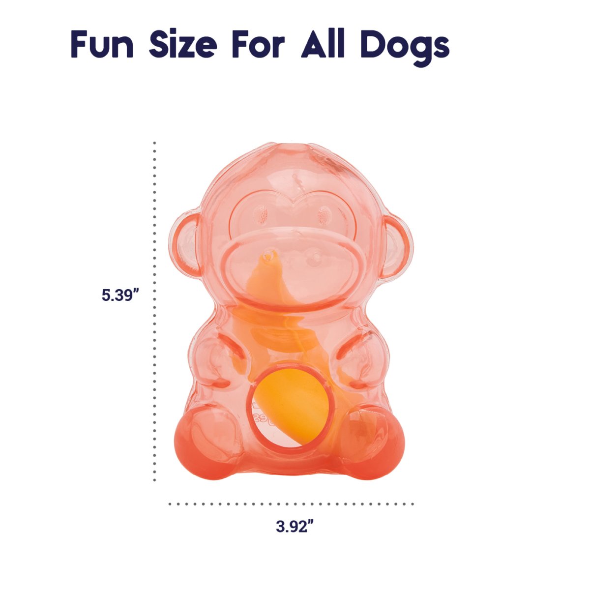 Petstages Rattle Treat and Squeak Monkey dog toy size graphic showing approximately 13.7 cm height and 10 cm width