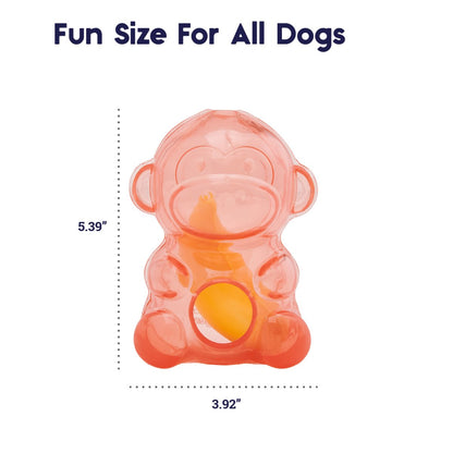 Petstages Rattle Treat and Squeak Monkey dog toy size graphic showing approximately 13.7 cm height and 10 cm width