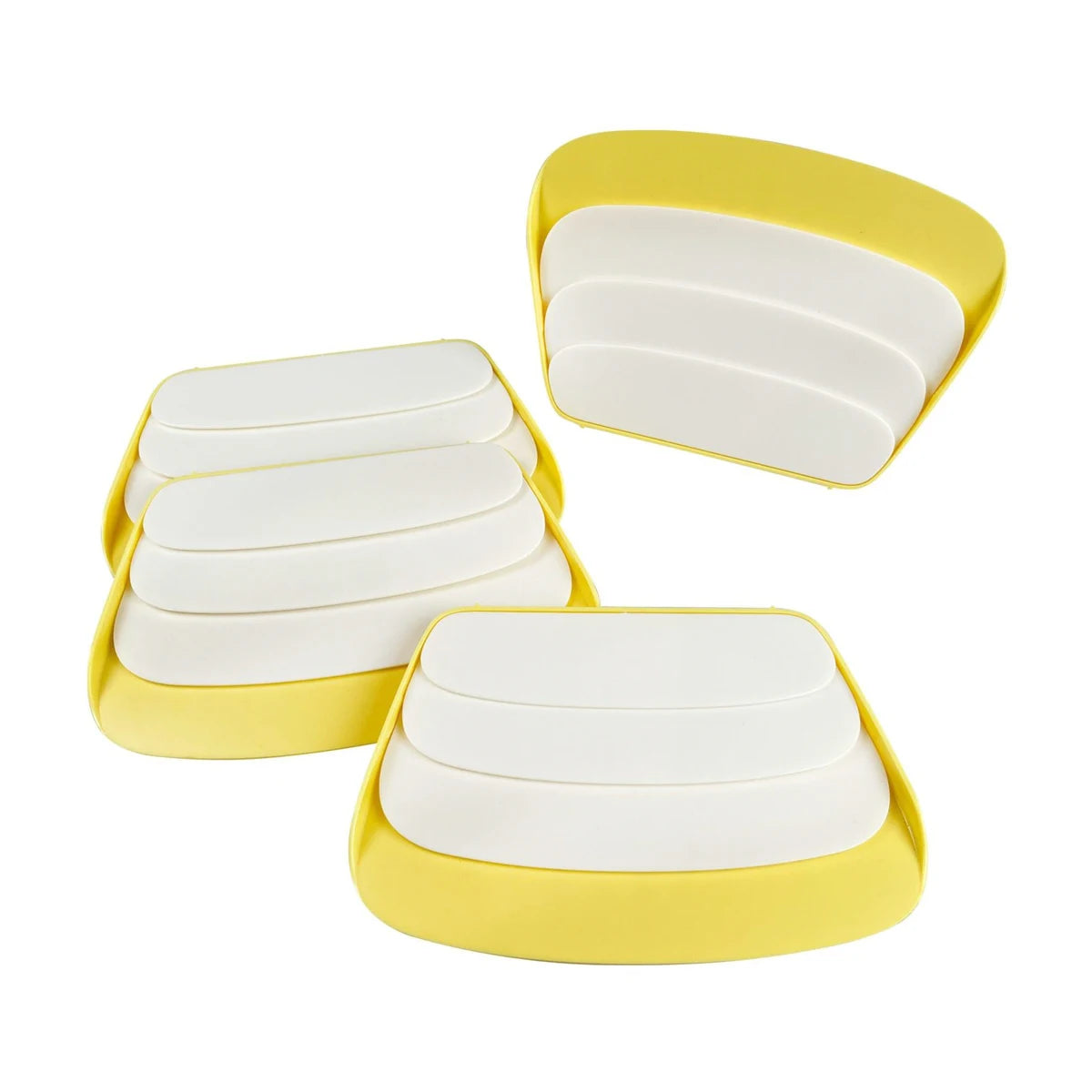 Yellow and white playing card stands showing the tiered card holder design