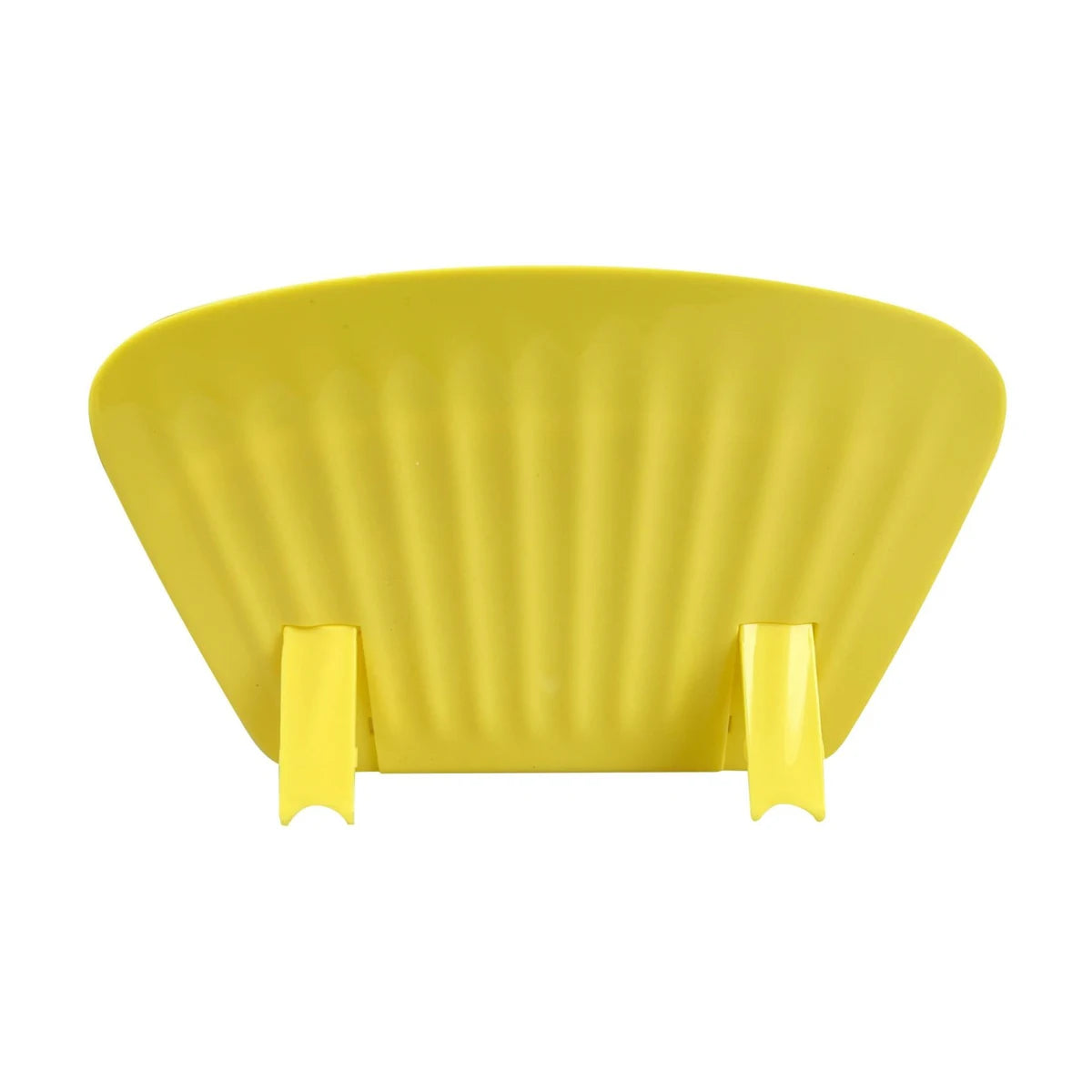 Rear view of yellow playing card stand showing the support feet