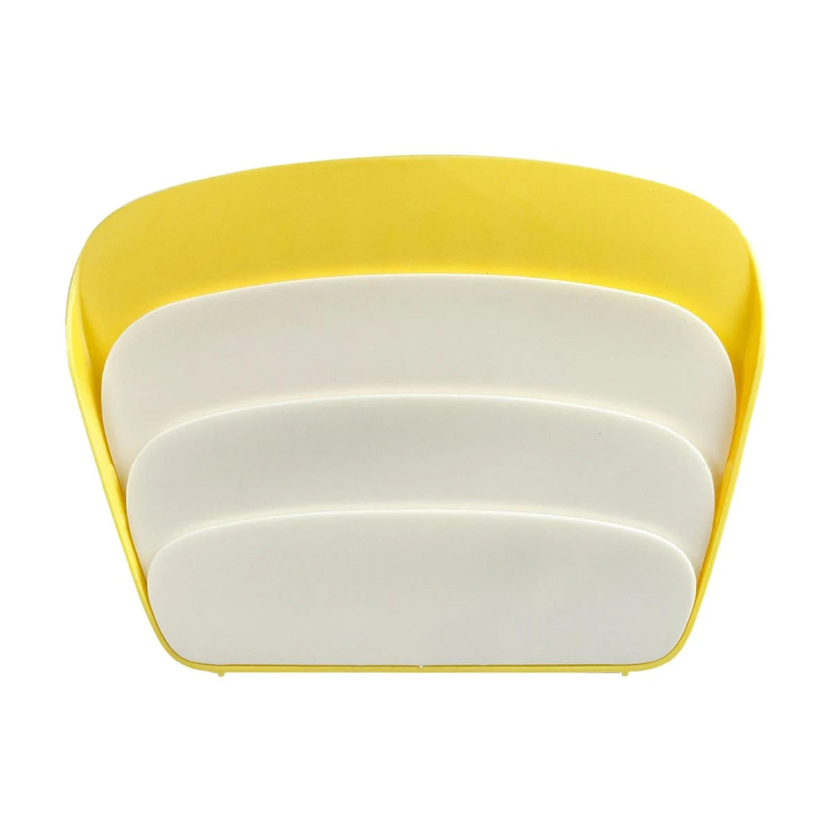 Yellow and white three-tier playing card stand viewed from the front