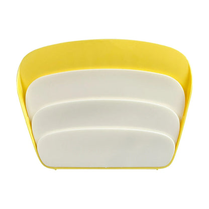 Yellow and white three-tier playing card stand viewed from the front