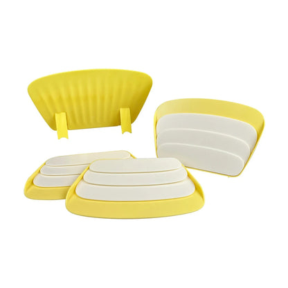 Yellow and white Playing Card Stand Set 4pc shown from front and rear angles