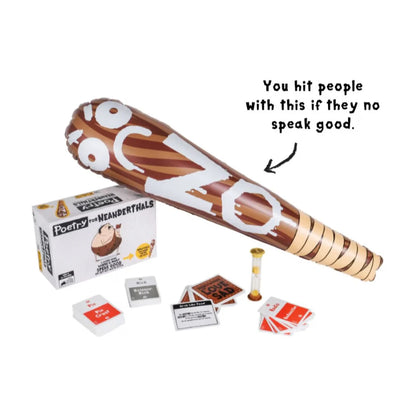 Poetry for Neanderthals game components with inflatable NO! Stick, cards, timer and box.