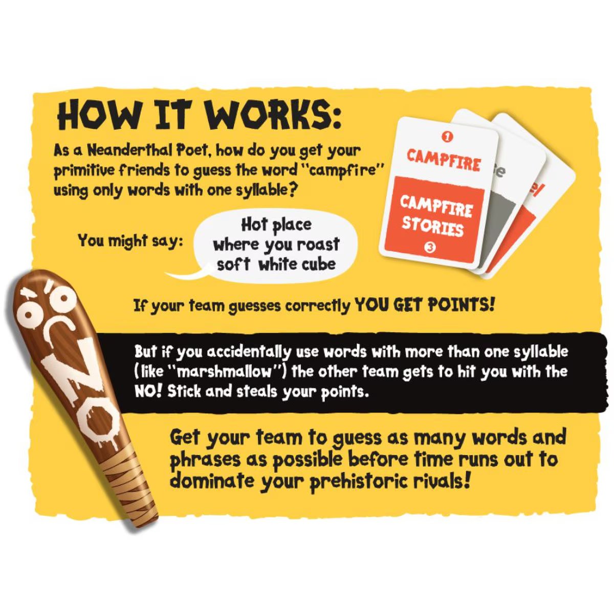 Poetry for Neanderthals how it works guide with example clue card and NO! Stick.