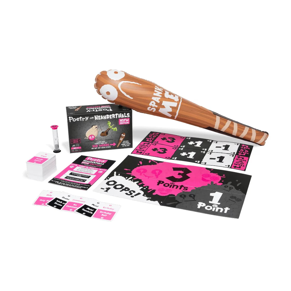 Poetry for Neanderthals NSFW Edition contents with cards, boards, timer, and inflatable Spank Stick