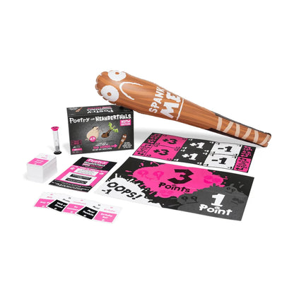 Poetry for Neanderthals NSFW Edition contents with cards, boards, timer, and inflatable Spank Stick