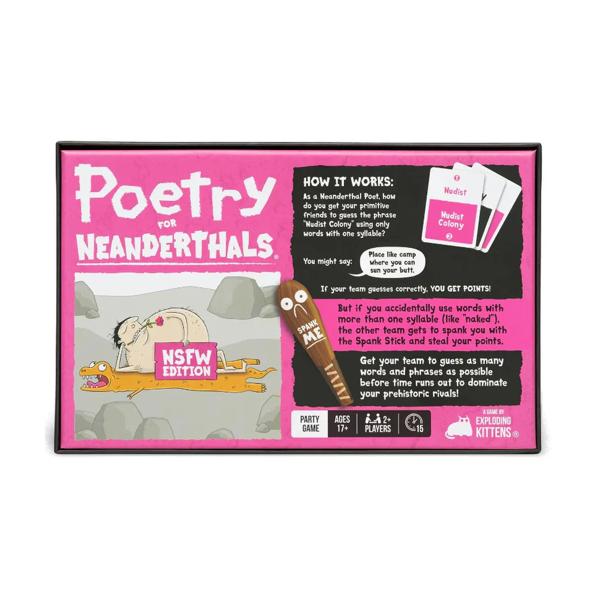 Back of Poetry for Neanderthals NSFW Edition showing how the adult party game works