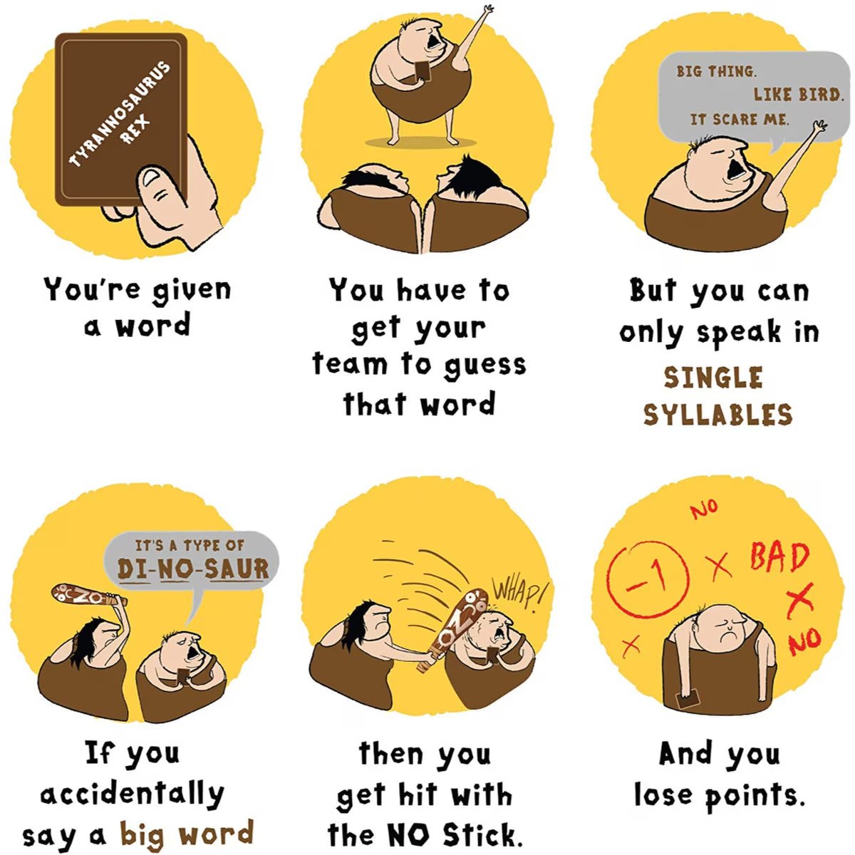 Poetry for Neanderthals gameplay guide showing players giving clues using single-syllable words.