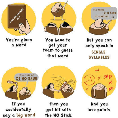 Poetry for Neanderthals gameplay guide showing players giving clues using single-syllable words.
