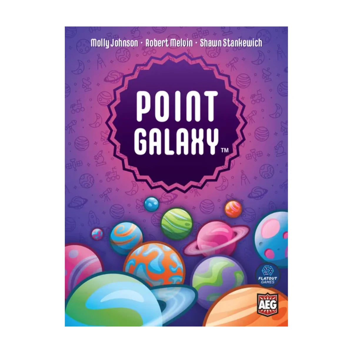 Point Galaxy card game front box with colourful planets and space theme artwork