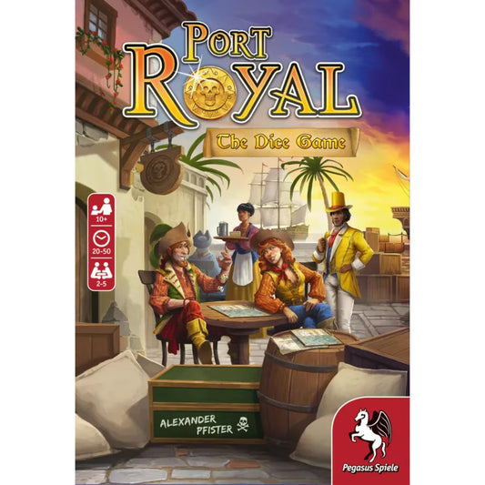 Port Royal The Dice Game box front with pirates gathered in a Caribbean harbour
