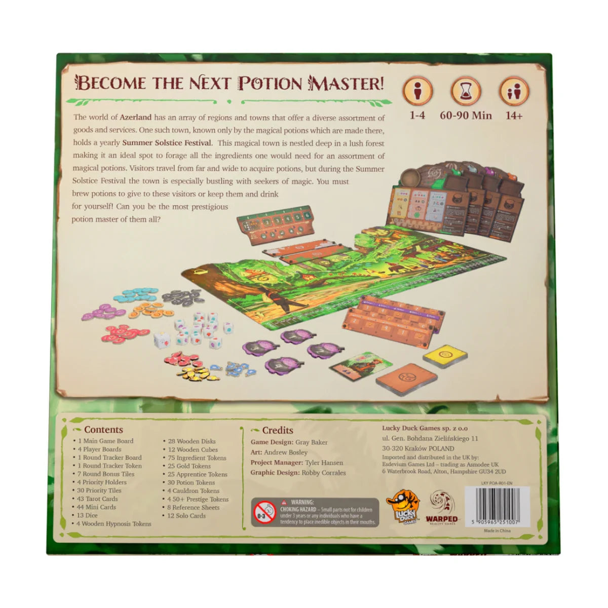 Potions of Azerland board game back box showing gameplay overview player count and contents