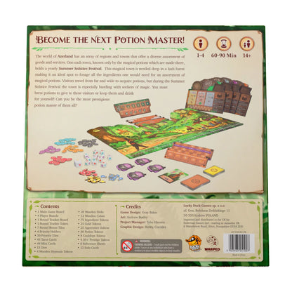Potions of Azerland board game back box showing gameplay overview player count and contents