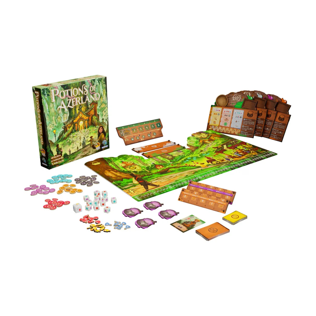 Potions of Azerland board game components with board dice tokens cards and player pieces