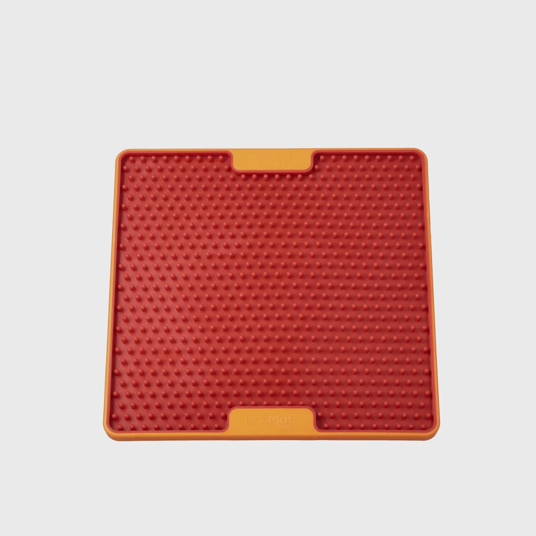 360 view of LickiMat TUFF Pro Soother lick mat orange 20cm for dog enrichment and slow feeding