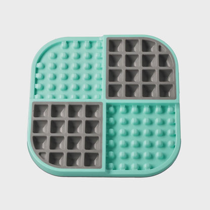 360 view of turquoise LickiMat SloMo dog slow feeder mat showing deep pockets and rubber nubs