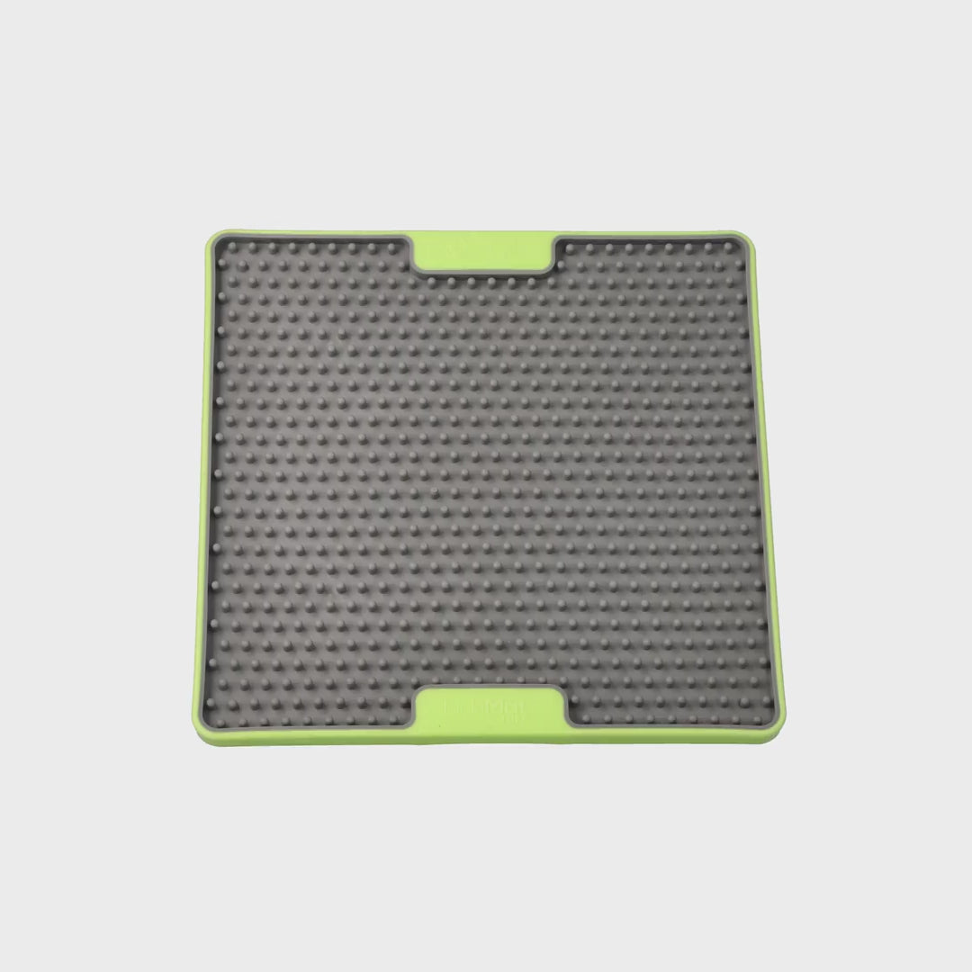 360 video of LickiMat TUFF Soother green lick mat for dogs showing texture and size