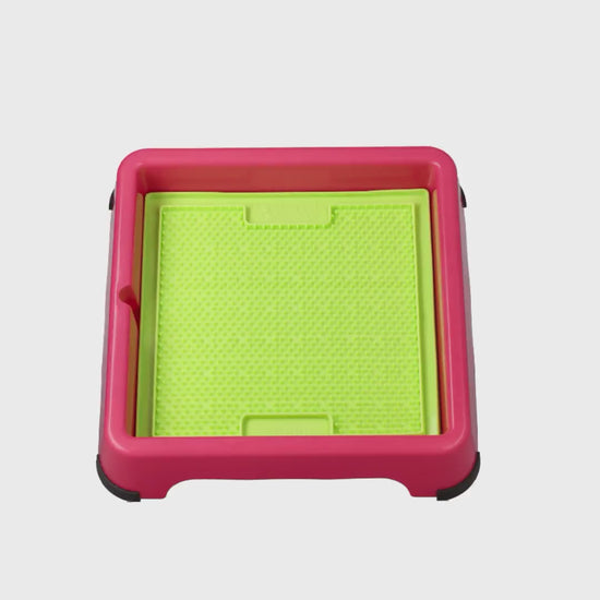 Video demo of LickiMat Keeper showing how it holds a lick mat in place (demo colour Pink)