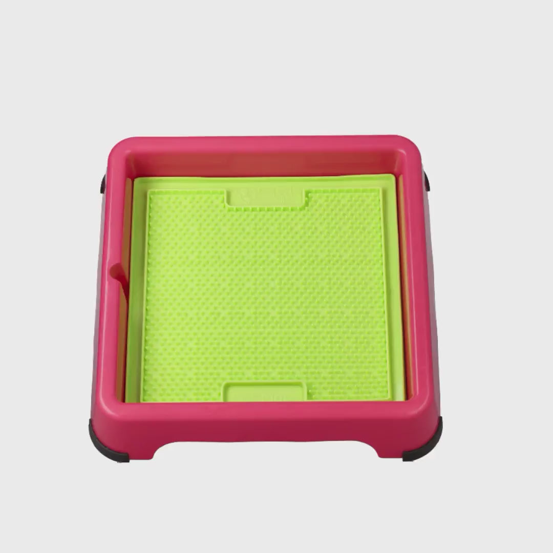 Video demo of LickiMat Keeper showing how it holds a lick mat in place (demo colour Pink)