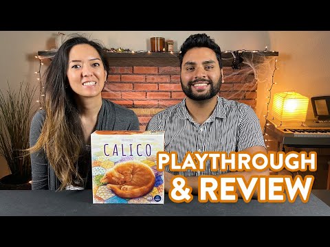 Calico board game playthrough and review showing quilt building, tile choices, and cat attraction strategy