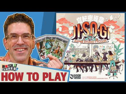 JISOGI Anime Studio Tycoon how-to-play video explaining setup, worker placement, staff actions, anime production, releases and scoring
