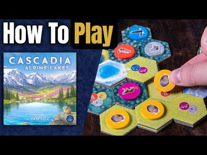Cascadia Alpine Lakes board game how to play video showing double-hex habitat tiles wildlife drafting stacking and elevation scoring