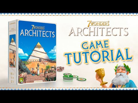 7 Wonders Architects how to play video explaining the 2 to 7 player family strategy board game with wonder building, card choices, resources, science, and military actions