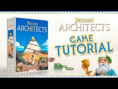 7 Wonders Architects how to play video explaining the 2 to 7 player family strategy board game with wonder building, card choices, resources, science, and military actions