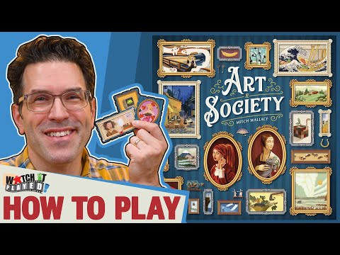 Art Society how-to-play video showing how players bid on paintings, place artwork on their gallery wall, earn décor bonuses, and score their final art collection.