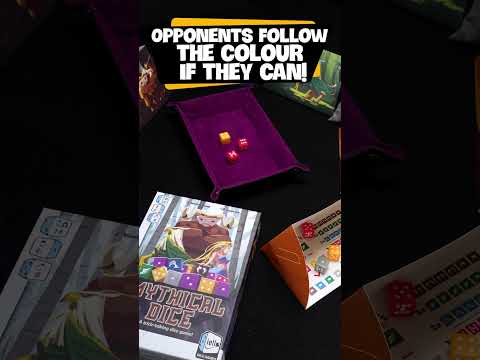 Mythical Dice how to play video showing trick-taking dice gameplay, secret betting rounds, special creature dice powers, and scoring rules