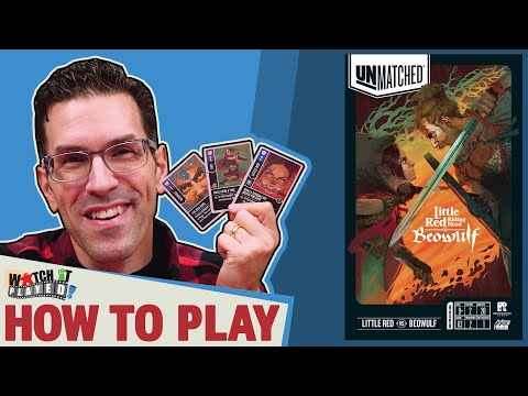 Unmatched Little Red vs Beowulf how to play video explaining the 2-player tactical miniature fighting board game, hero decks, movement, combat cards, Little Red’s Basket ability, Beowulf’s Rage tokens and Heorot battlefield door rules.