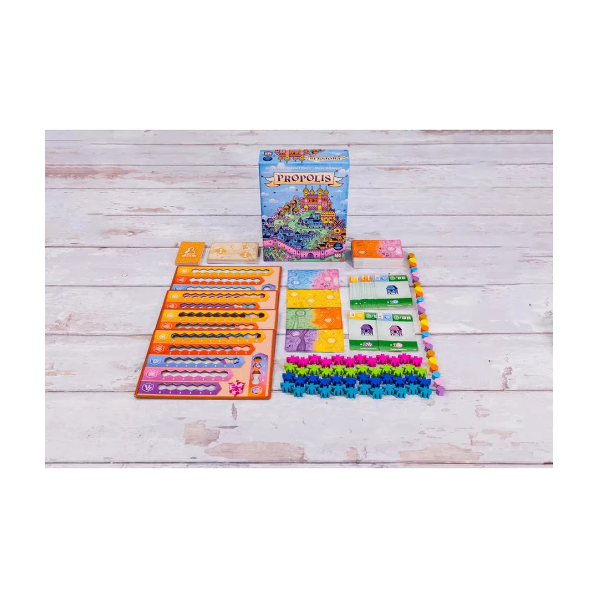 Propolis board game play area with cards player boards and bee pieces