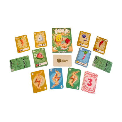 PULP card game components including ingredient cards, round cards, player aids and game box