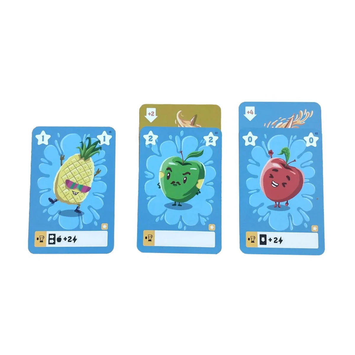 PULP card game fruit ingredient cards showing pineapple, green apple and red apple
