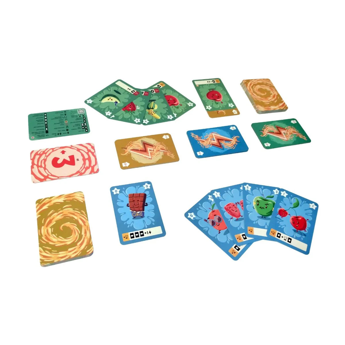 PULP card game layout showing ingredient cards, booster cards, round cards and player aid