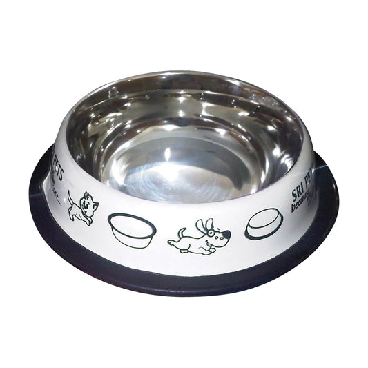235 ml puppy and kitten print stainless steel pet bowl with polished silver interior, cream exterior, playful animal illustrations and black anti-skid base for cats and dogs.