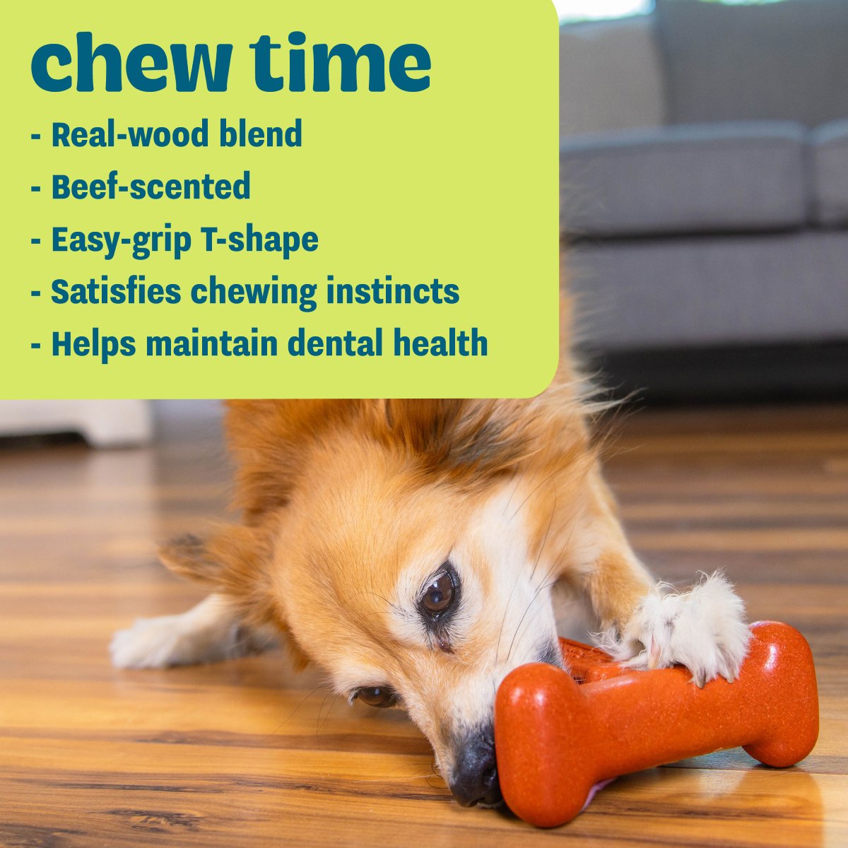 Pupstages Dogwood Hold & Chew showing real-wood blend, beef scent and easy-grip T-shape