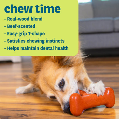 Pupstages Dogwood Hold & Chew showing real-wood blend, beef scent and easy-grip T-shape