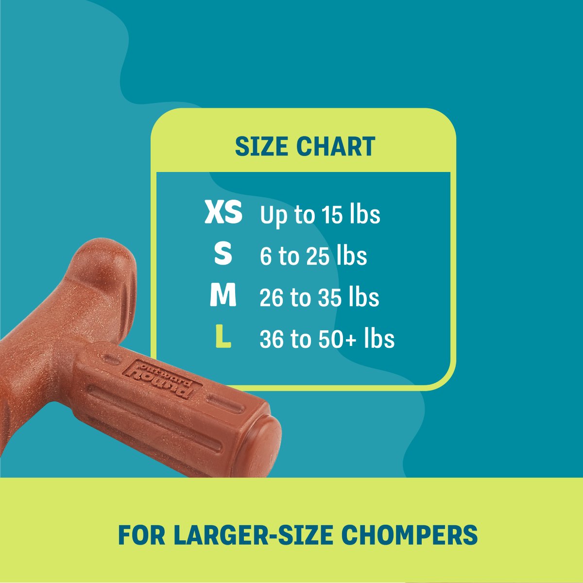 Pupstages Dogwood Hold & Chew dog toy size chart with Large highlighted
