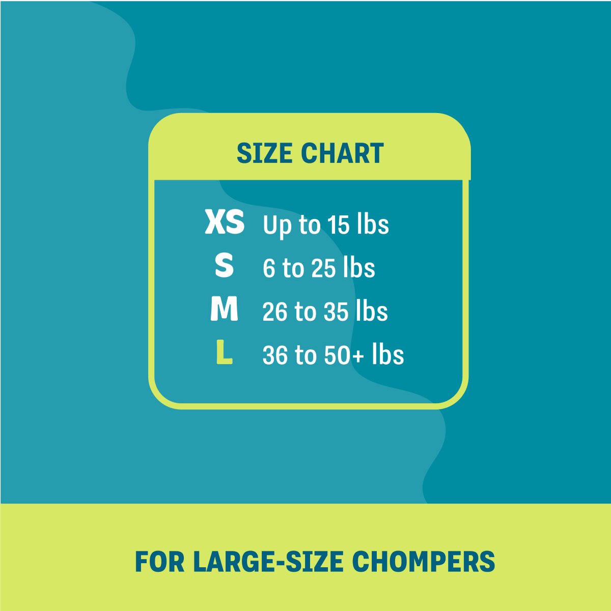 Pupstages Dogwood size chart showing Large for 36 to 50 plus pound dogs