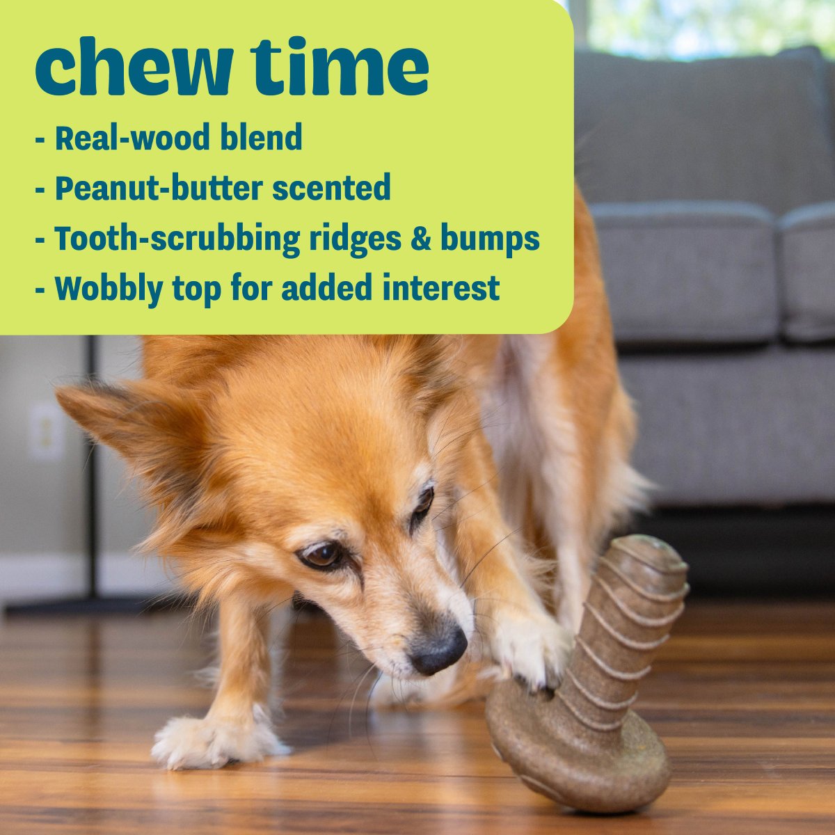 Pupstages Dogwood Mushroom features including real-wood blend, tooth-scrubbing ridges and wobbly top