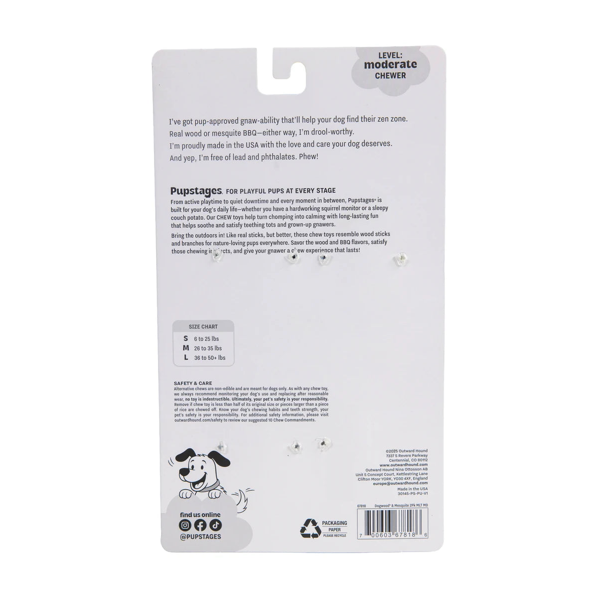 Back of Pupstages Dogwood Original and Mesquite 2 pack packaging with safety and size information