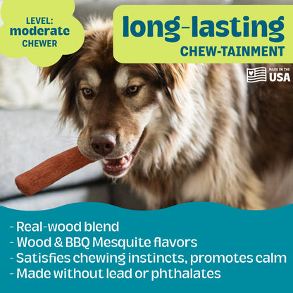 Dog chewing Pupstages Dogwood Mesquite chew with moderate chew level information