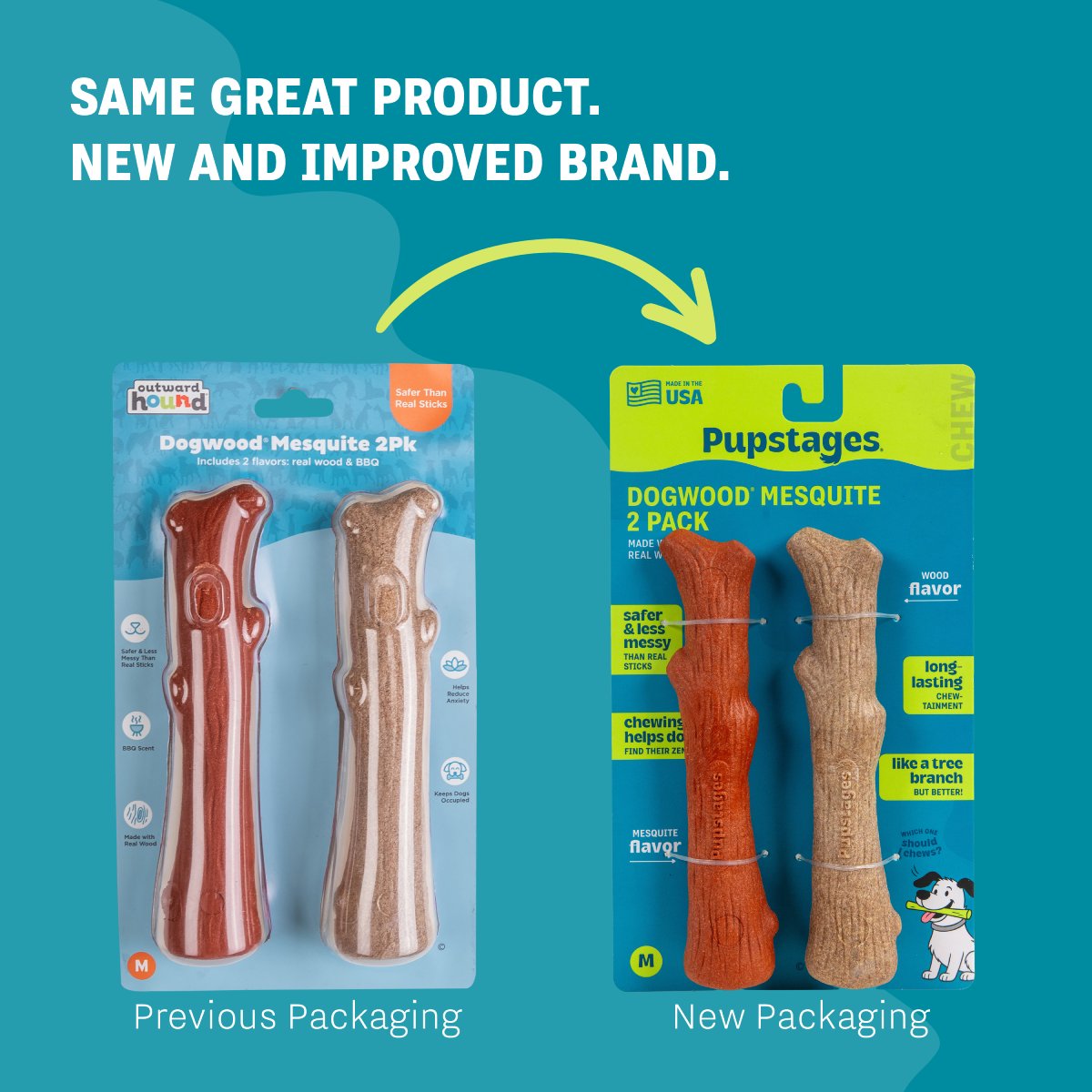 Pupstages Dogwood Original and Mesquite showing previous and new product packaging