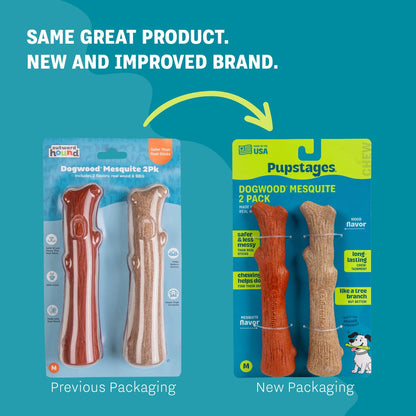 Pupstages Dogwood Original and Mesquite showing previous and new product packaging