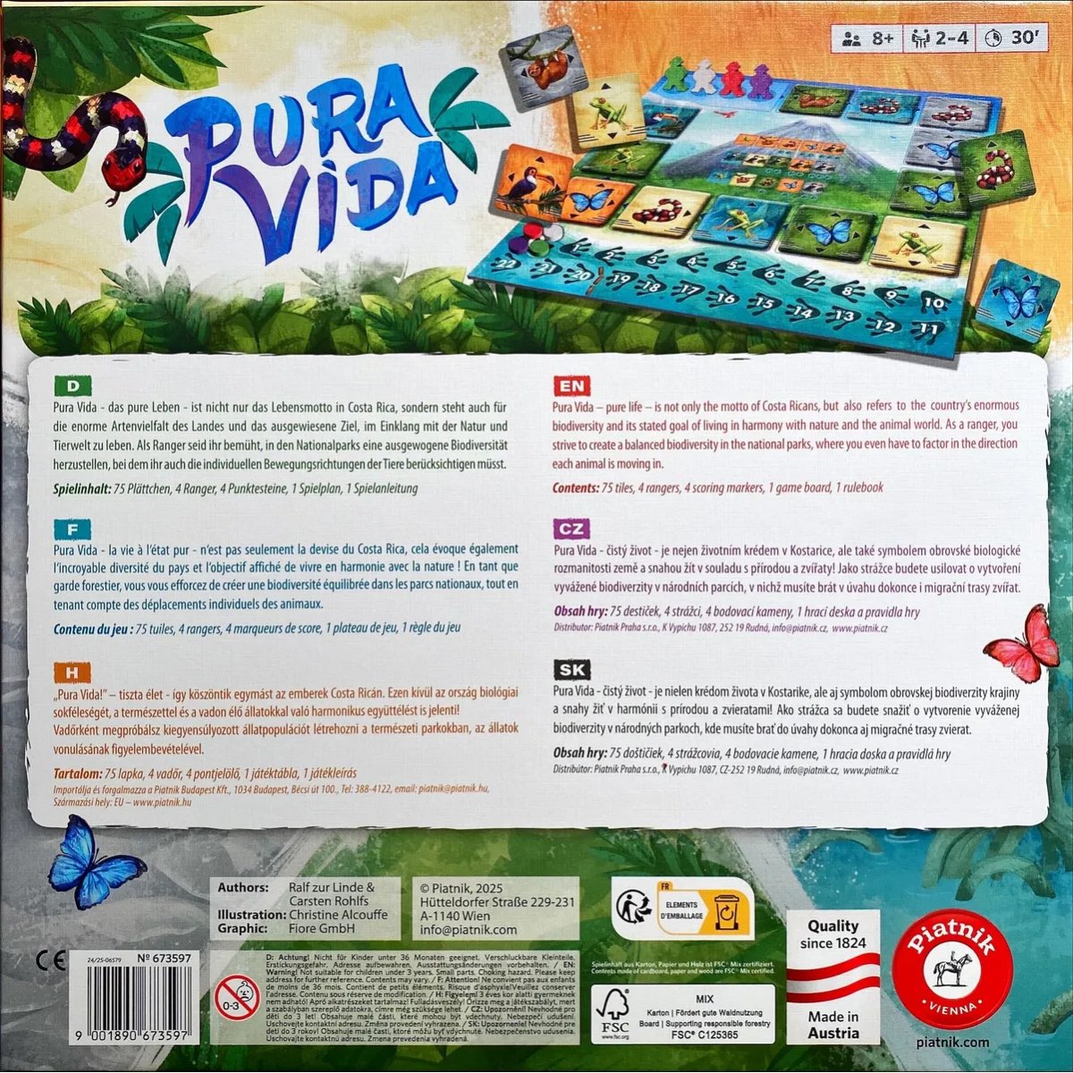 Pura Vida board game box back showing gameplay setup wildlife tiles and game details